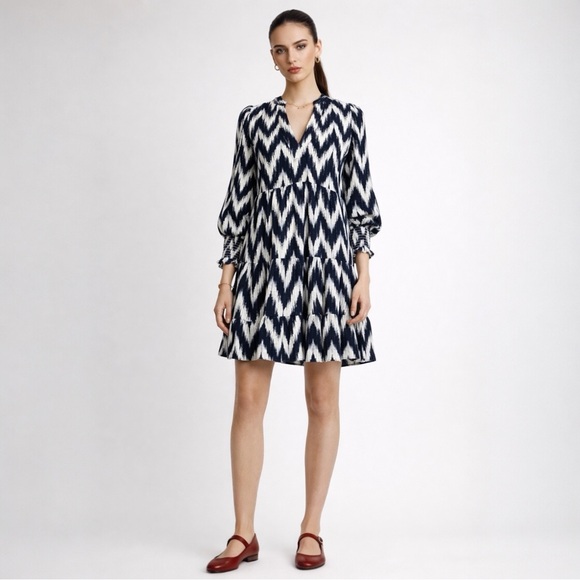 Tuckernuck Pomander Place Kenzo Dress Navy White Ikat Tiered Preppy Shift XXS - Picture 2 of 12